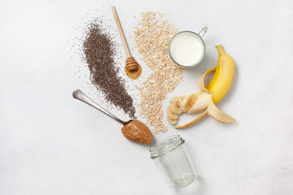Ingredients for night oatmeal with bananas, chia seeds